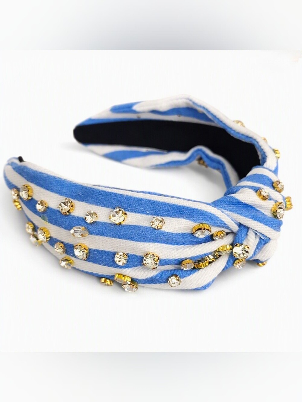 Boutique Embellished Light Blue Denim Striped Knotted Crystal Headband